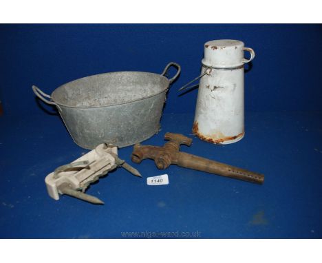 A quantity of miscellanea including very small two handled tin bath, white enamel Flask, tap, etc.