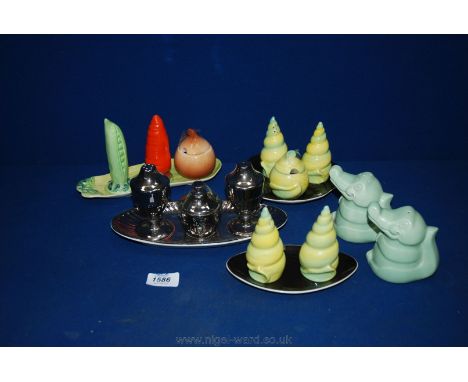 Five sets of Carltonware Cruet including crocodiles, shells, fruit and rare silvered set