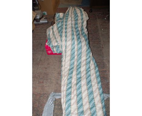 Four pairs of cotton Curtains, lined with tie backs, in beige and green strip, 100" wide x 90" long