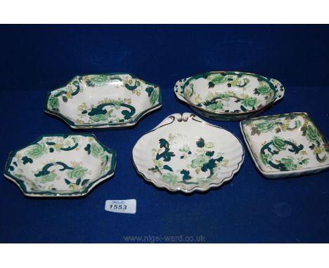 Five small Masons Chartreuse Trinket Dishes, including a small square Dish, 4 1/4'' diameter, shell shaped Dish, oval Dish an
