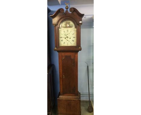An oak long case clock by J. Hoys of Kelso with painted dial, eight day movement and two subsidiary dials