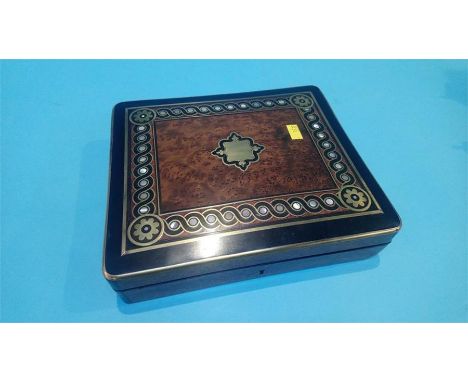 A 19th century burr walnut vanity travelling box, with inlaid mother of pearl and brass decoration, cross banded in ebonised 