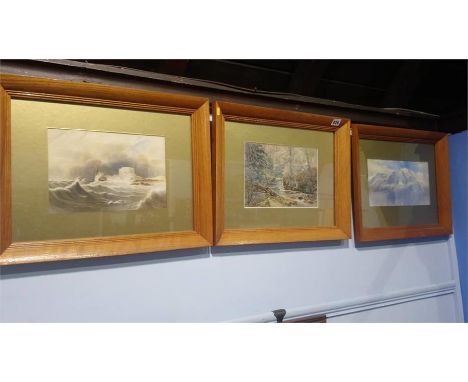 Watercolour, unsigned, set of three, 'Seascape', 'Riverscape', and 'Mountains', 18 x 26cm 