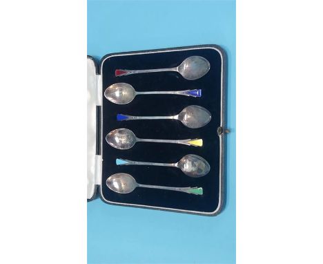 A cased set of six Art Deco enamelled silver spoons