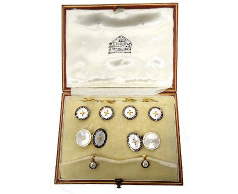 SET OF EDWARDIAN EIGHTEEN CARAT GOLD, ENAMEL AND MOTHER OF PEARL DRESS STUDS AND CUFFLINKSin fitted box marked 'W.A.Perry & C