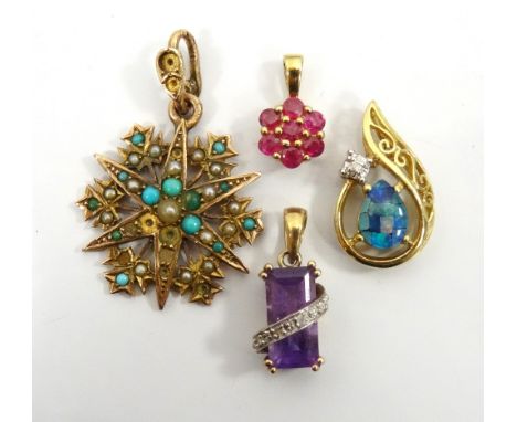 FOUR GEM SET NINE CARAT GOLD PENDANTS comprising a ruby cluster pendant, an opal triplet and diamond pendant; an amethyst and