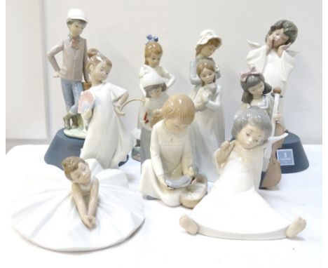 COLLECTION OF LLADRO/NAO FIGURESgirls and angels, various poses and sizes (11), and two Lladro Society stands