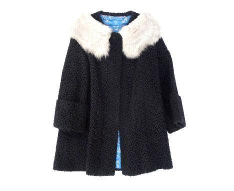 VINTAGE LADIES ASTRACAN COATwith sheepskin collar, single button at collar, pockets, turn-back cuffs and Chinese patterned si