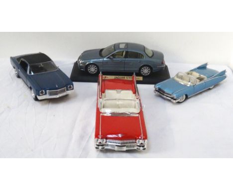 MAISTO JAGUAR S-TYPE1/18 scale die cast model mounted on a plinth, a Maisto Cadillac Eldorado Biarritz 1/18 scale die cast mo