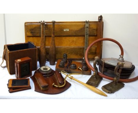 LOT OF VINTAGE COLLECTABLEScomprising a J.Lizars "Challenge" mahogany cased folding camera with two plates and canvas carryin