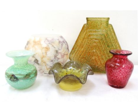 WHITEFRIARS STYLE GLASS VASEwith a step form decoration, 18cm high; a squat yellow and green glass vase with a wavy rim, 5.5c