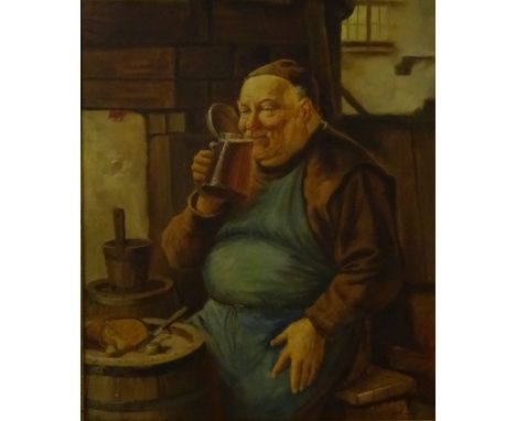 CONTINENTAL SCHOOL (20th century)Portrait of a seated Monk drinking a flagon of ale, oil on canvas, signed 'Reinhold', 61cm x