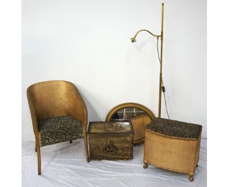 1930s WOVEN FABRIC TUB CHAIRin gilt with fabric covered seat, a period linen basket also in gilt with fabric covered hinged l