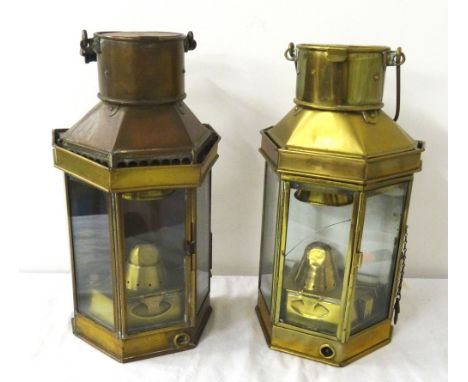 TWO EARLY 20th CENTURY BRASS SHIP'S LAMPSthe shaped bodies with glazed panels, the first maker marked 'Griffiths & Sons Birmi