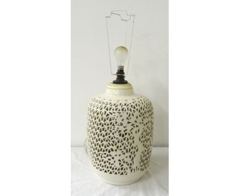 VINTAGE CHINESE BLANC DE CHINE LAMP BASEwith decorative pierced foliate design, with wooden plug neck fitting and light fixtu