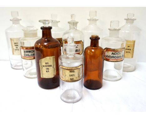SELECTION OF TEN VINTAGE CHEMIST BOTTLESsome with shaped tablet stoppers, four bearing content labels with gilded borders, so
