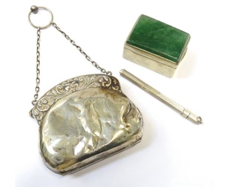 EDWARDIAN LADIES SILVER EVENING PURSEwith embossed cantle, finger ring and hanging chain, indistinct marks; a German silver s