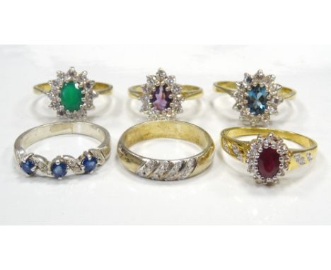 SIX GEM SET SILVER AND SILVER GILT RINGSof various designs, the gemstones including ruby, amethyst and emerald (6)