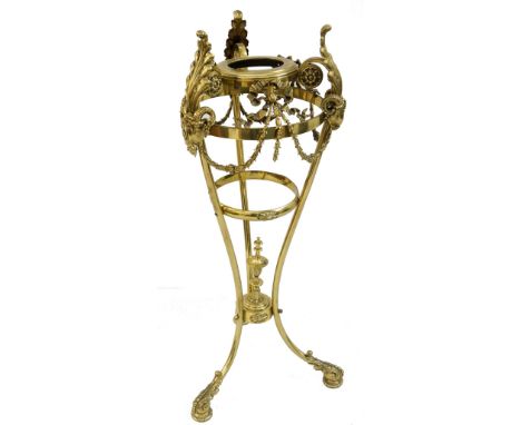 EARLY 20th CENTURY GILT METAL JARDINIERE STANDwith a circular top surmounted with bows and swags of oak leaves, with rams hea