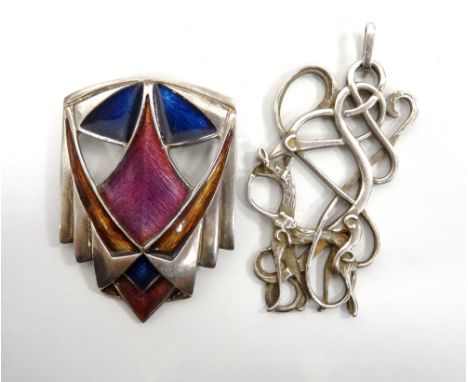 PAT CHENEY ART DECO STYLE ENAMELLED SILVER BROOCHwith geometric decoration; and an Ola Marie Gorie silver pendant of stylised
