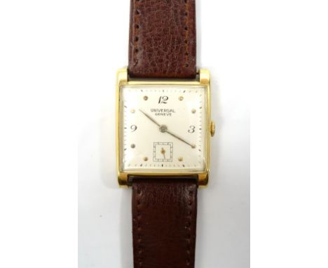 1950s GENTLEMAN'S EIGHTEEN CARAT GOLD CASED UNIVERSAL GENEVE WRISTWATCHthe dial with Arabic numerals and button five minute m