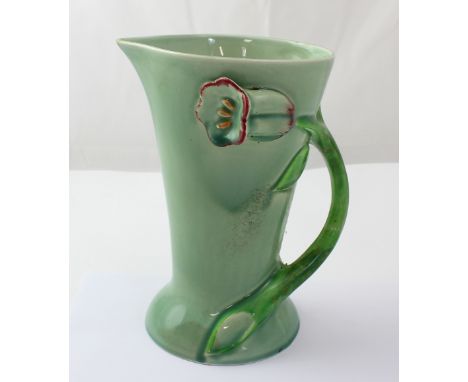 A Clarice Cliff for Newport Pottery green ground conical 'Lily' vase with naturalistic handle and applied flower buds to side