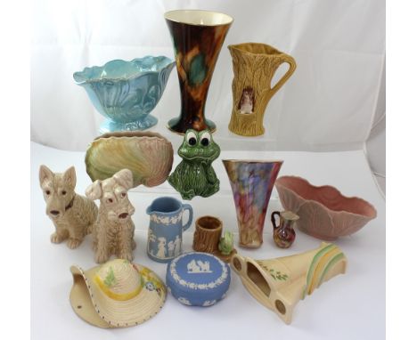 A quantity of ceramics to include Sylvac dogs, Burleighware wall pocket, Shorter c.1930s bowls, a Maling bowl, a Sylvac frog 