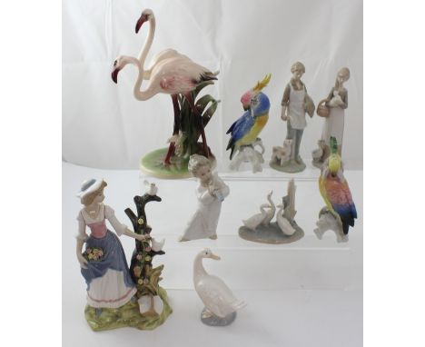 Two Nao figures; one a group of geese and a single goose, two Nao-style figures, a shepherd and a goose girl, a Lladró figure