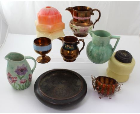 A mixed lot of ceramics and glassware to include a Radford jug, copper lustre ware, a Chinese cloisonné bowl, a piece of stud