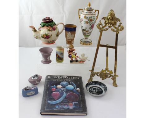 A mixed lot to include a book on Ruskin pottery by Paul Atterbury and John Henson, a 19th century porcelain dish with transfe