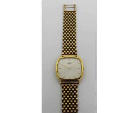 Longines; an 18ct yellow gold gentlemen's manual-wind wristwatch, the square dial set with baton and Roman numerals, diameter