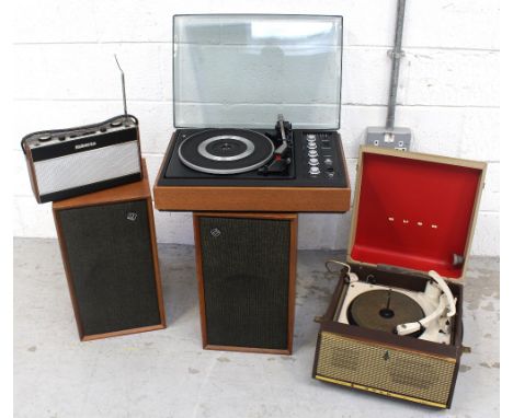 A Bush radio, a Roberts radio, a Dynatron record player and pair of speakers (5).