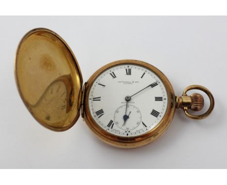 Thomas Russell & Son; a plated full hunter pocket watch, the white enamel dial set with Roman numerals and subsidiary seconds
