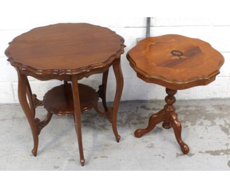 An early 20th century mahogany table with lower shelf on tapering cabriole supports and an Italian floral inlaid side table (