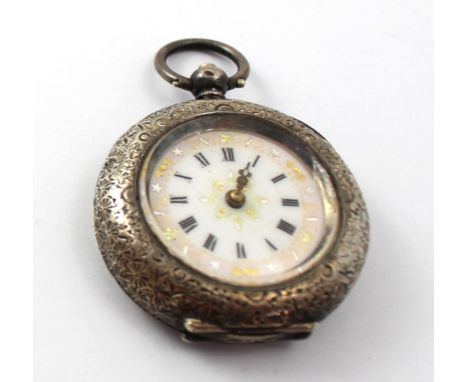 An Edwardian silver fob watch, white enamel dial set with Roman numerals and ornate gilt decoration.