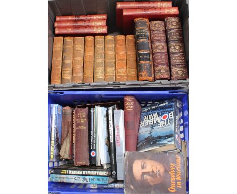 Two boxes of assorted books to include leather bound examples, 'International Library of Famous Literatuire', Encyclopedia Br