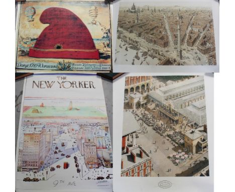 A collection of four unframed posters to include 1976 Steinberg poster for the New Yorker magazine with aerial view of the ci