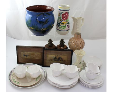 A Shelley part tea service, a pair of Belleek plates, a Belleek waisted vase with flared top, a Poole 'Delphis' pattern vase,