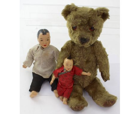 A vintage mohair teddy bear with articulated limbs and glass eyes, height 38cm and Japanese composite father and son dolls (3