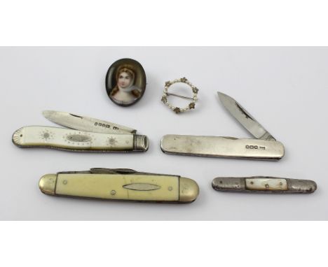 A hallmarked silver bodied twin-bladed penknife by Walker & Hall, a silver-bladed mother of pearl handled fruit knife, two fu