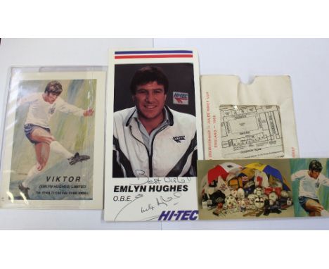 A fact file on Emlyn Hughes, signed photograph, a quarter final ticket for the Goodison Park World Championship 1966, a Jules