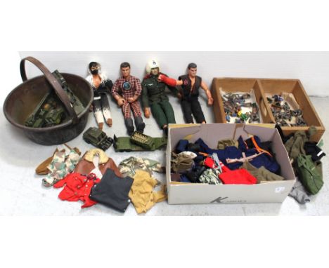 Four Action Man figures in varied outfits with a quantity of further clothing and accessories, a group of painted soldiers, c