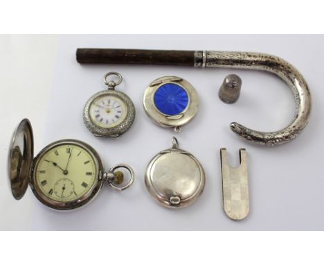 A silver full hunter pocket watch marked '925', the enamel dial set with Roman numerals and subsidiary seconds dial, a silver