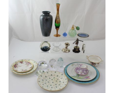 A quantity of ceramics to include Wedgwood, Aynsley, a Royal Crown Derby miniature cup and saucer, a hallmarked silver dwarf 