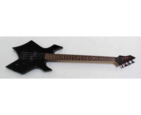 A BC Rich 'Flying Axe' electric base guitar in Levi's guitar bag, with cables.