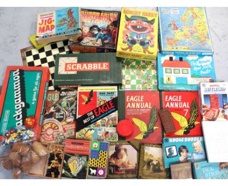 A quantity of vintage games to include Scrabble, backgammon, chess, dominoes etc and a small quantity of Eagle annuals etc.