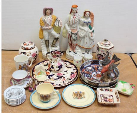 Two Staffordshire flat-backs, a fisherman selling his wares, a Scottish courting couple, a Masons 'Mandalay' pattern ginger j