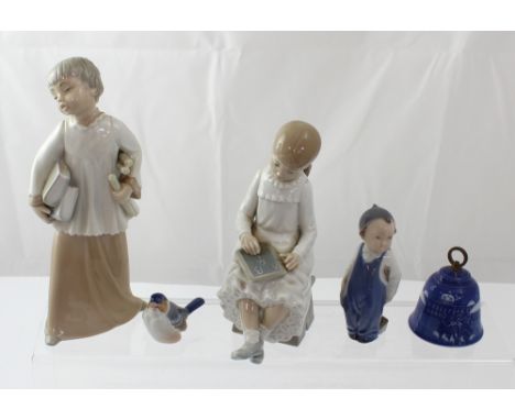 Two Nao figures of girls, two Copenhagen figures of boy and bird and a table bell (5).