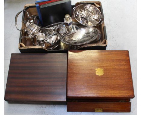 A quantity of plated ware to include a galleried tray, teapot, napkin rings, bottle coaster, three cased sets of matching pla