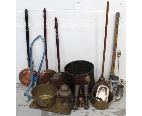A quantity of assorted copper and brass to include three warming pans, a pair of Hames engraved brass trays, a Posser large l